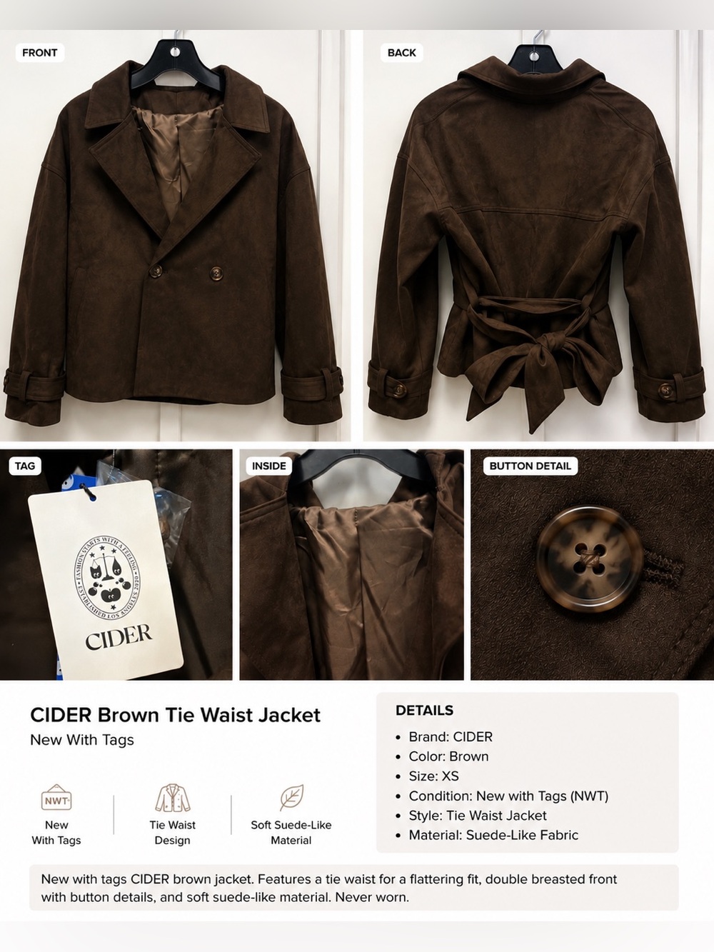 Cider Brown Suede-Look Tie-Waist Jacket